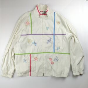 Alia Sport Vintage 90s Windbreaker Jacket White Embroidered Butterfly Floral XL